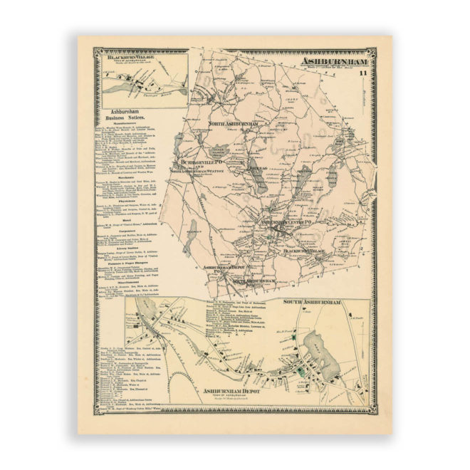 Ashburnham, Massachusetts Antique Map Reproduction