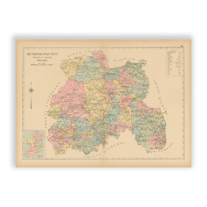 Queens County, Ireland - Antique Map