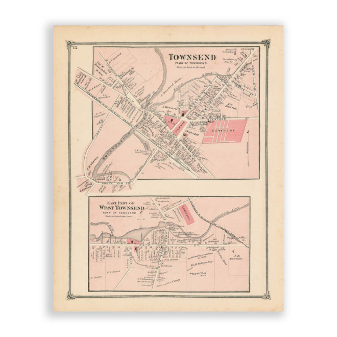 Townsend Village and West Townsend, Massachusetts Antique Map Reproduction