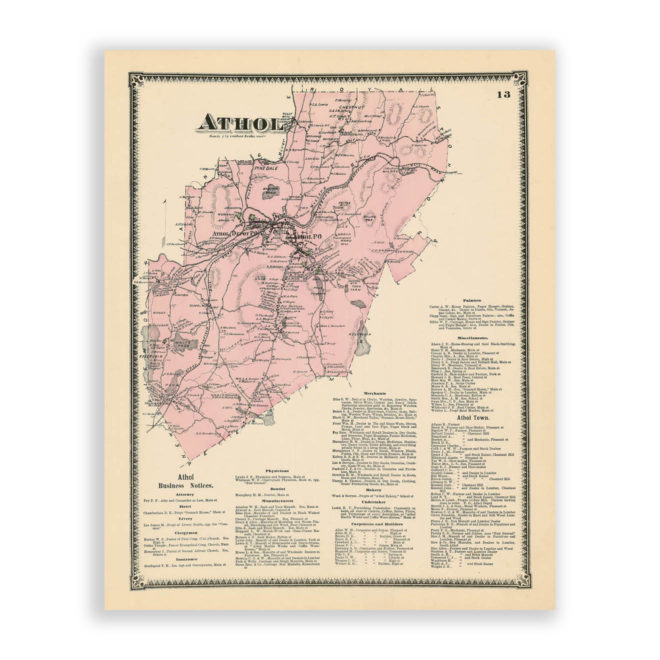 Athol, Massachusetts Antique Map Reproduction