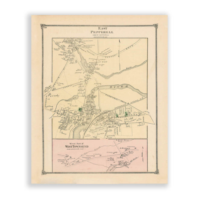 East Pepperell and West Townsend Villages, Massachusetts Antique Map Reproduction