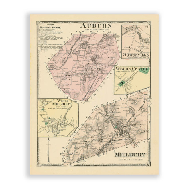 Auburn and Millbury, Massachusetts Antique Map Reproduction