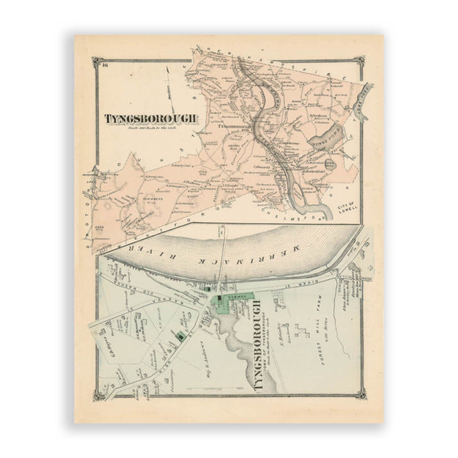 Tyngsborough, Massachusetts Antique Map Reproduction