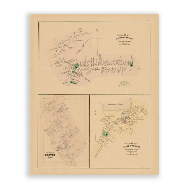 North Carver and Ellis Furance Village Massachusetts Antique Map Reproduction