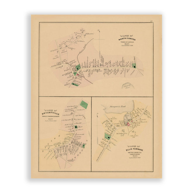 North Carver, Bryantville and Ellis Furance Village Massachusetts Antique Map Reproduction