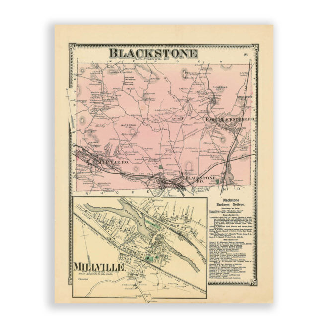 Blackstone, Massachusetts Antique Map Reproduction