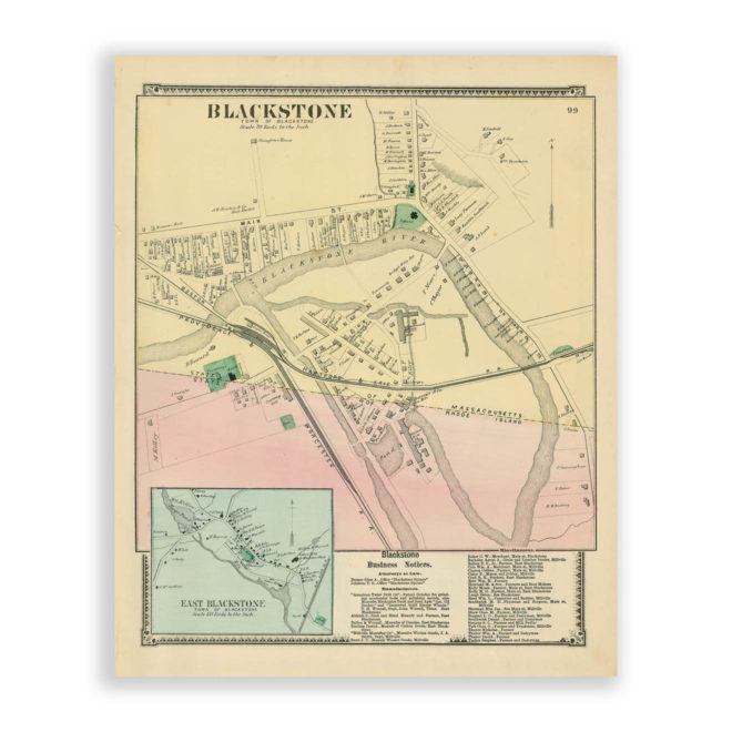 Blackstone Village and East Blackstone, Massachusetts Antique Map Reproduction