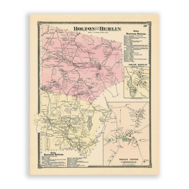 Bolton & Berlin, Massachusetts Antique Map Reproduction