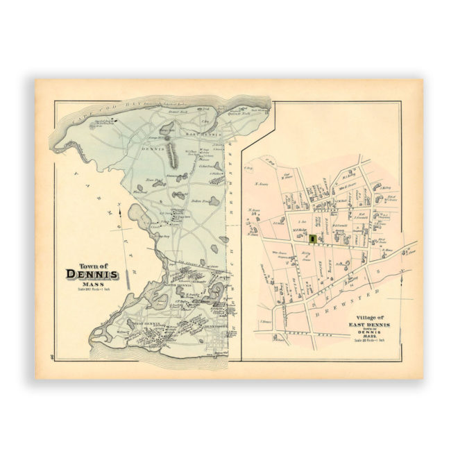 Town of Dennis and East Dennis Village, Massachusetts Antique Map Reproduction