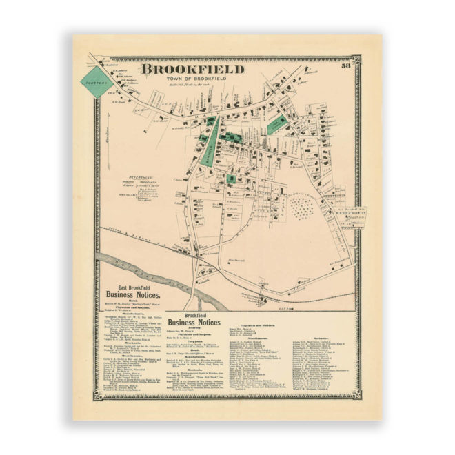 Brookfield Village, Massachusetts Antique Map Reproduction