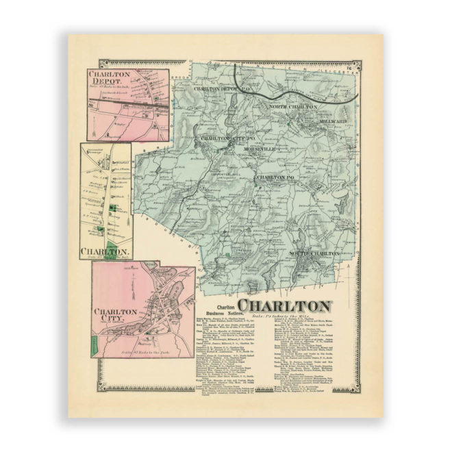 Charlton, Massachusetts Antique Map Reproduction