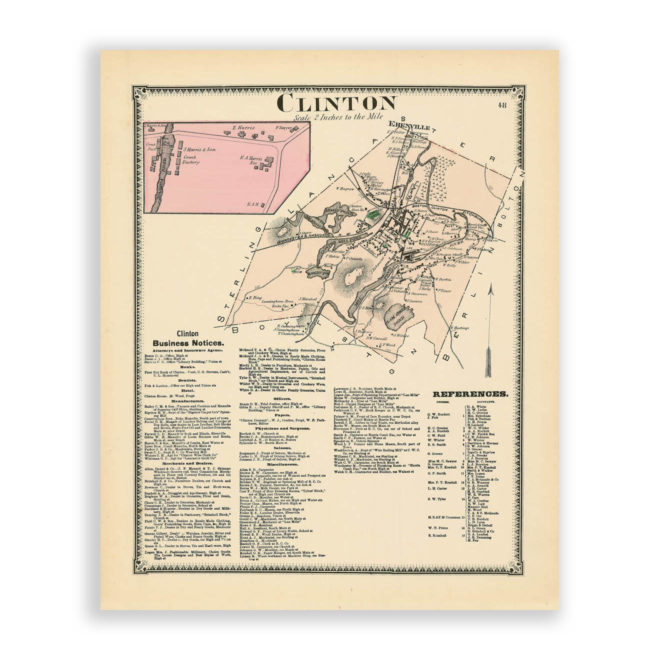 Clinton, Massachusetts Antique Map Reproduction