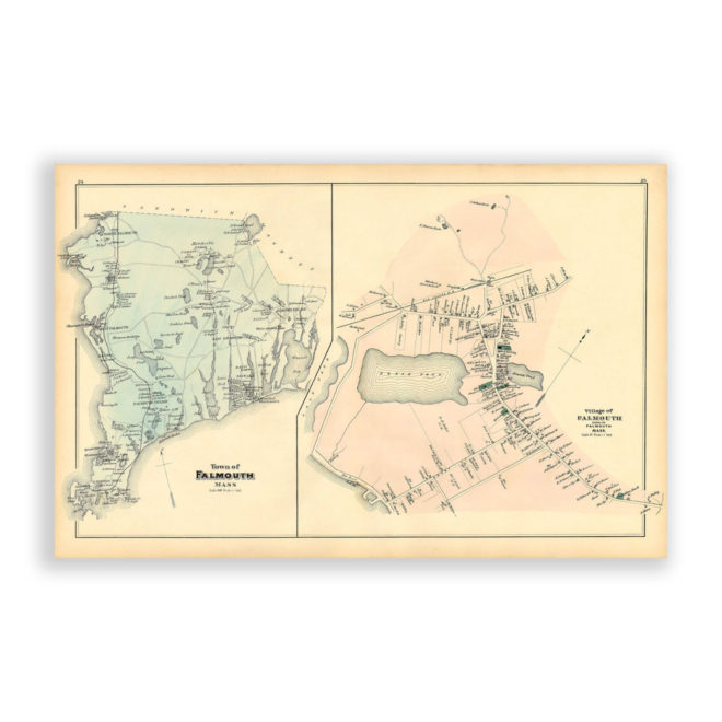 Falmouth Town and Village, Massachusetts Antique Map Reproduction