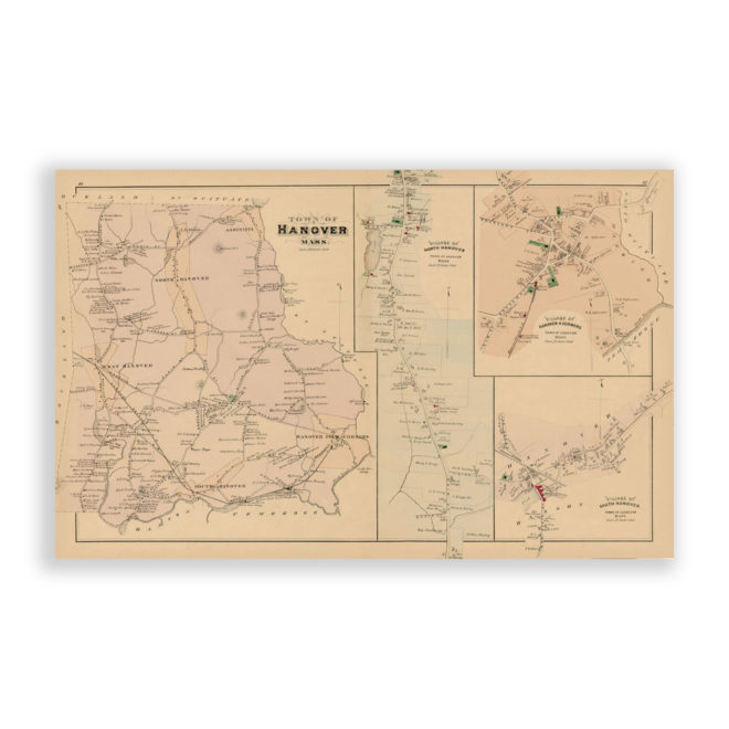 Town of Hanover and Villages, Massachusetts Antique Map Reproduction