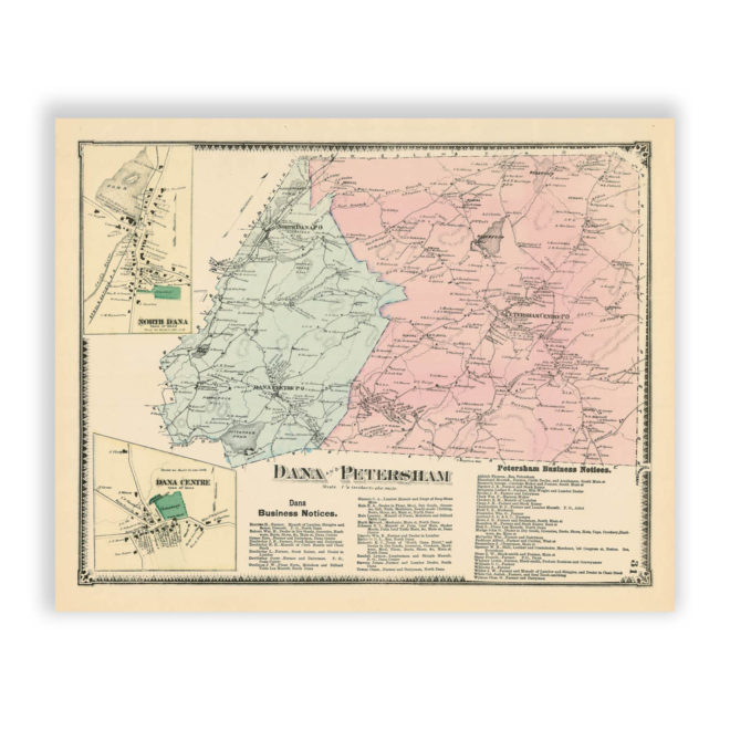 Dana & Petersham, Massachusetts Antique Map Reproduction