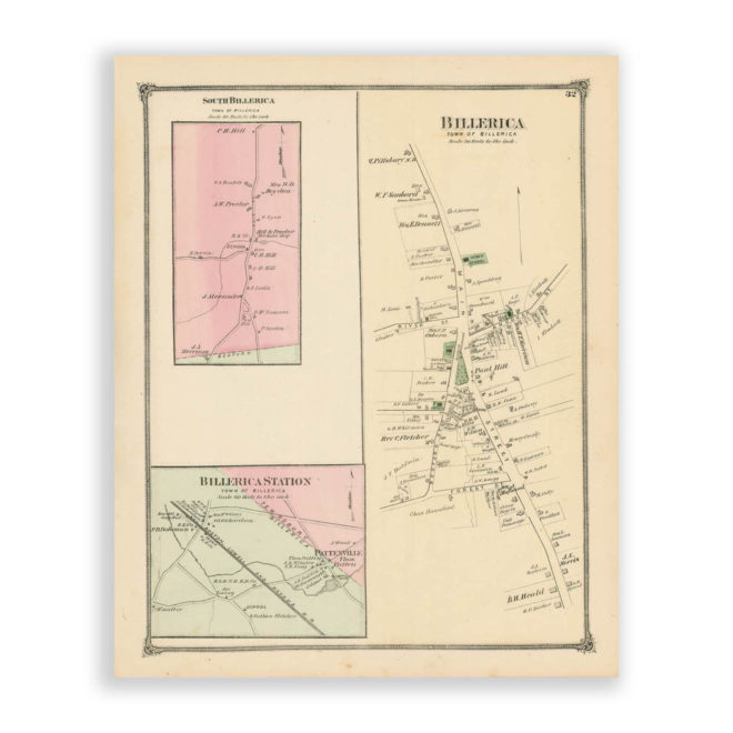 Billerica Village, South Billerica, Billerica Station, Massachusetts Antique Map Reproduction