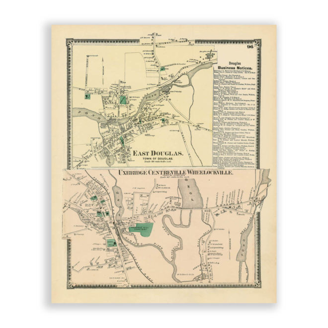 East Douglas & Uxbridge Villages, Massachusetts Antique Map Reproduction