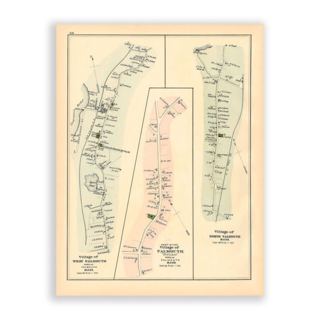 North Falmouth, West Falmouth and Teaticket Villages, Massachusetts Antique Map Reproduction