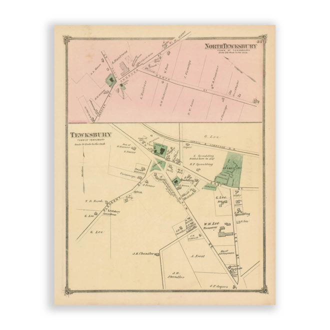 Tewksbury Village and North Tewksbury, Massachusetts Antique Map Reproduction