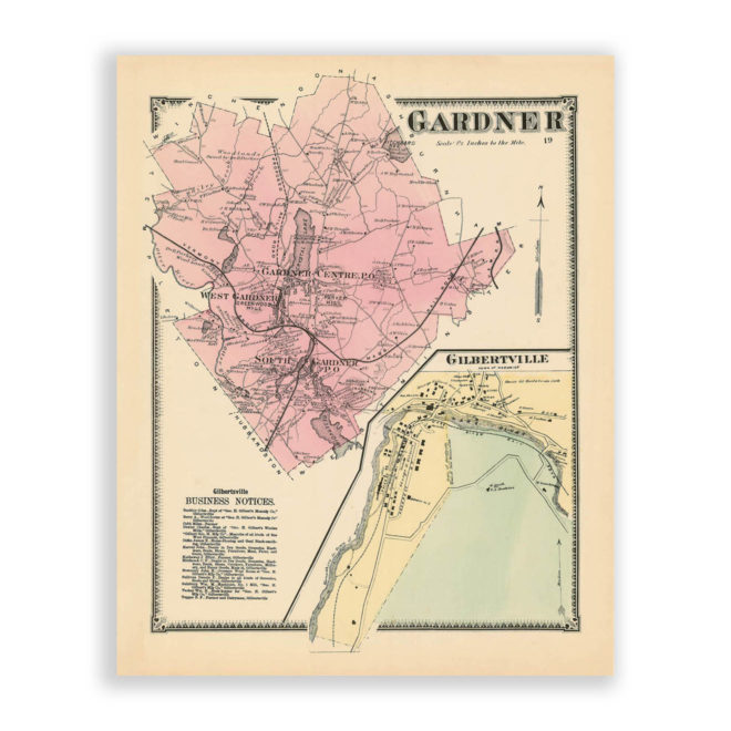 Gardner, Massachusetts Antique Map Reproduction