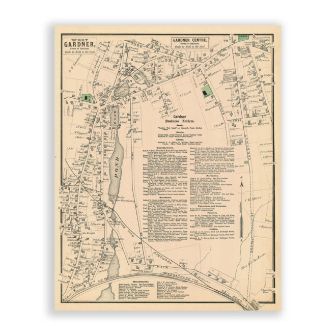 Gardner Center, Massachusetts Antique Map Reproduction