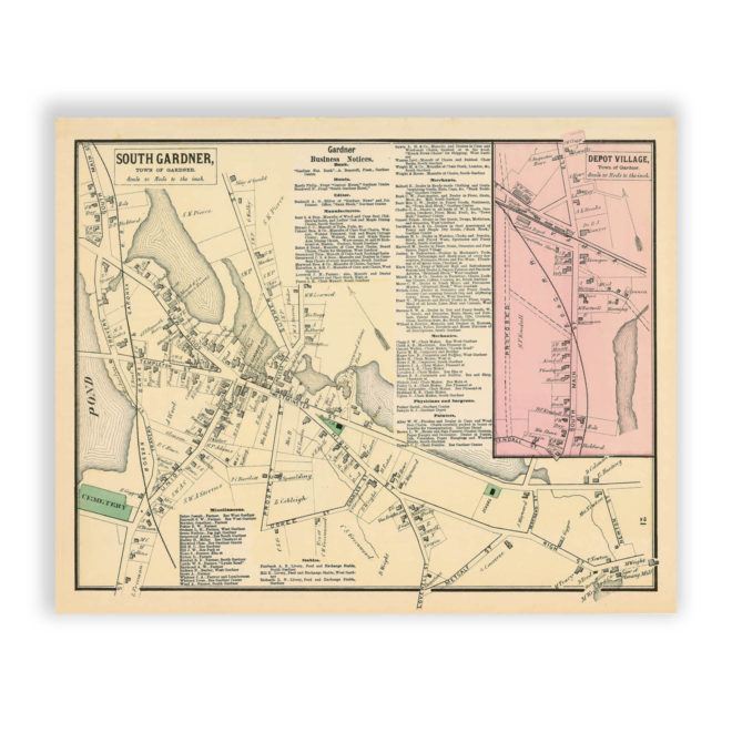 South Gardner & Depot Village, Massachusetts Antique Map Reproduction