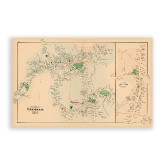 Hingham Village and Soth Hingham, Massachusetts Antique Map Reproduction