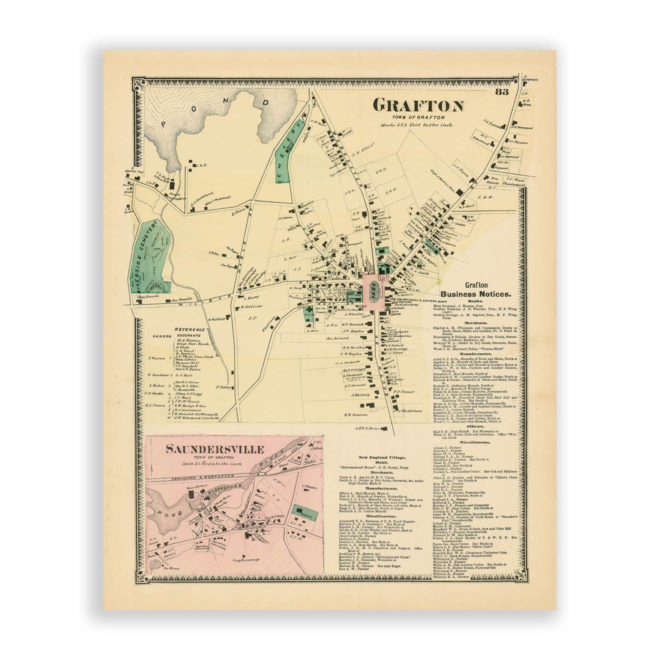 Grafton Village, Massachusetts Antique Map Reproduction