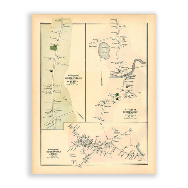 Osterville, Monument and Greenville Villages, Massachusetts Antique Map Reproduction