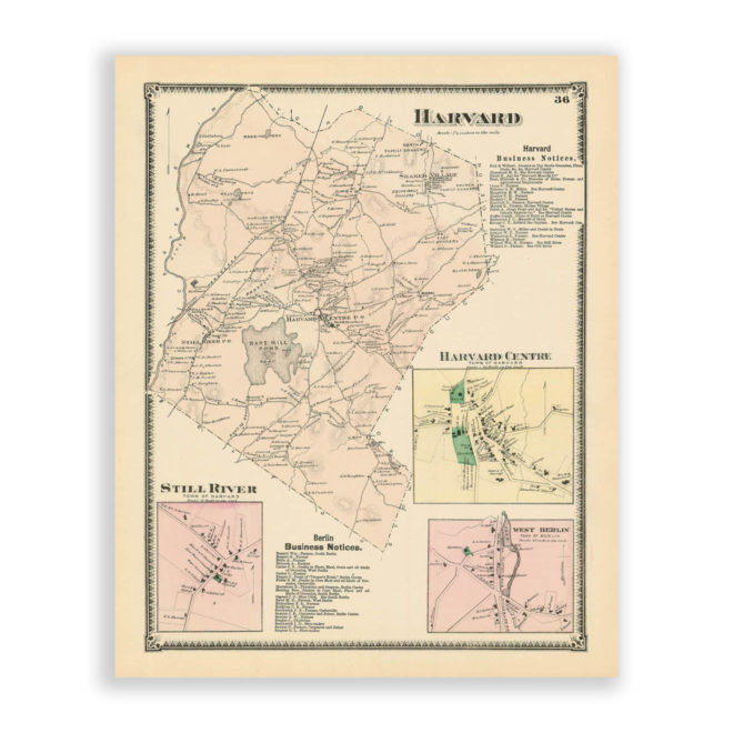 Harvard, Massachusetts Antique Map Reproduction