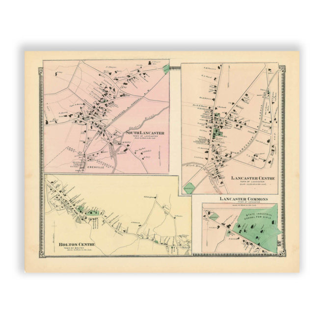 Lancaster Villages, Massachusetts Antique Map Reproduction