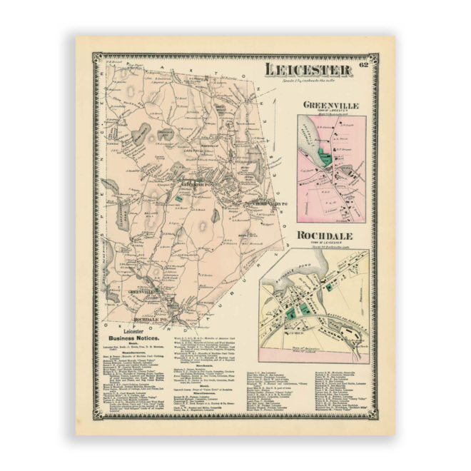 Leicester, Massachusetts Antique Map Reproduction