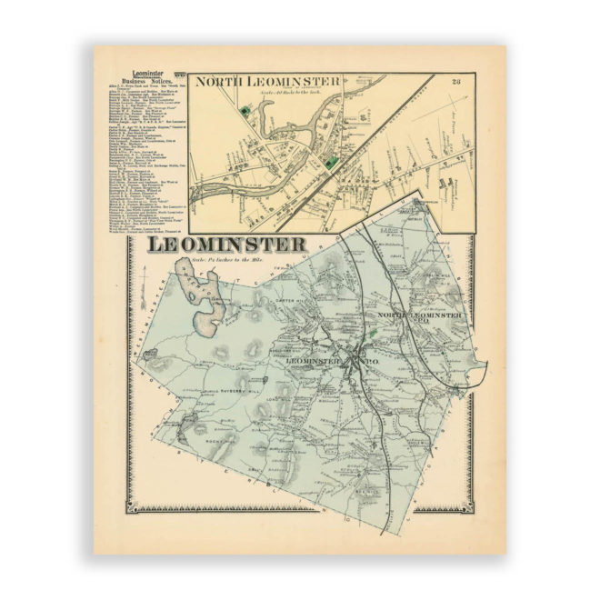 Leominster, Massachusetts Antique Map Reproduction