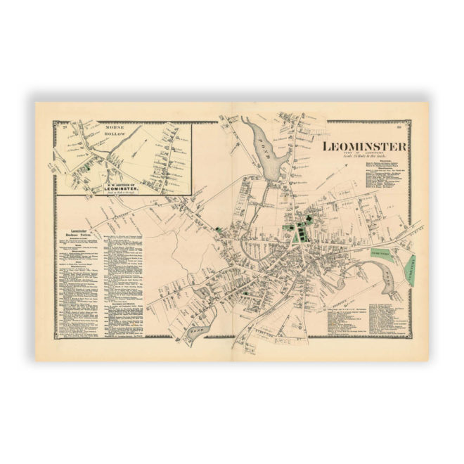 Leominster Village, Massachusetts Antique Map Reproduction