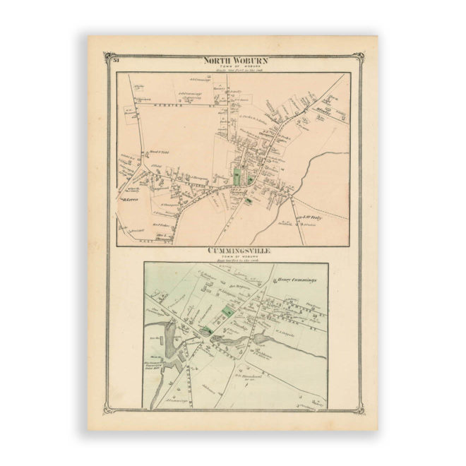 North Woburn Village and Cummingsville, Massachusetts Antique Map Reproduction