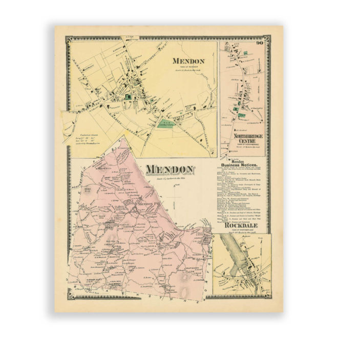 Mendon, Massachusetts Antique Map Reproduction