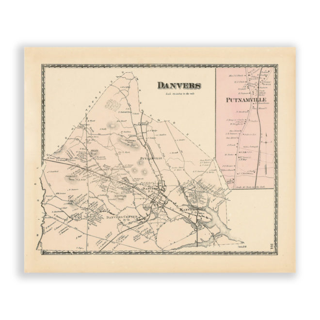 Danvers, Massachusetts Antique Map Reproduction