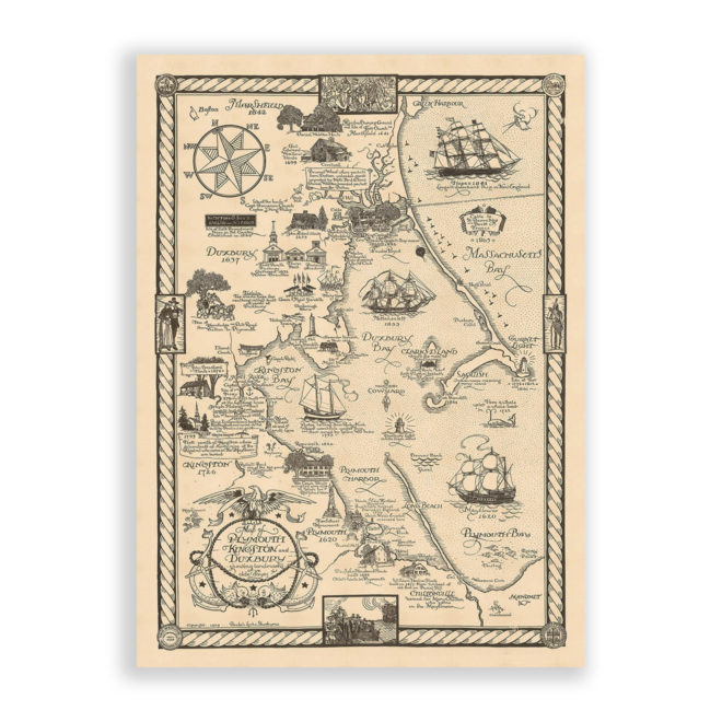 Pymouth, Kingston and Duxbury, Massachusetts Pictorial Antique Map Reproduction