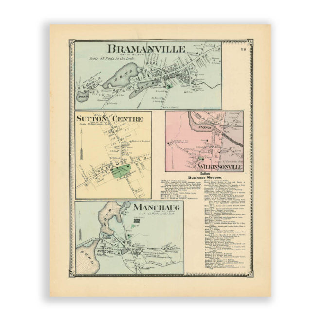 Millbury, Sutton & Gtafton Village, Massachusetts Antique Map Reproduction