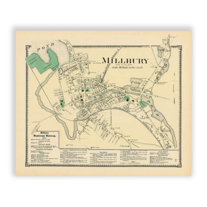 Millbury Village, Massachusetts Antique Map Reproduction