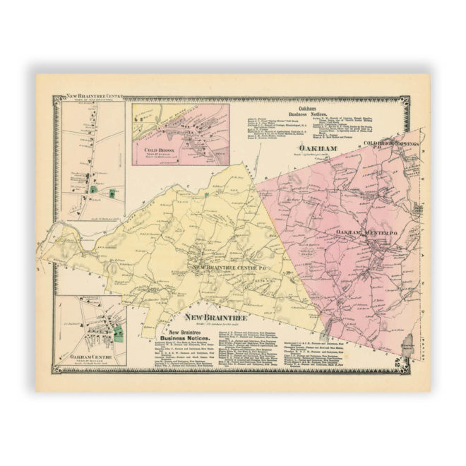 New Braintree & Oakham, Massachusetts Antique Map Reproduction