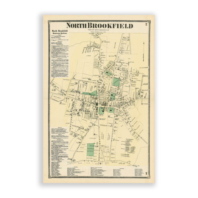 North Brookfield Village, Massachusetts Antique Map Reproduction