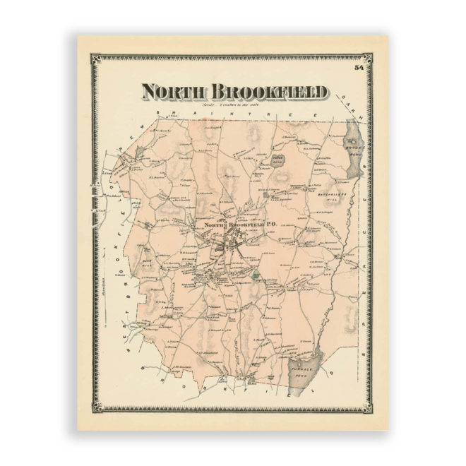 North Brookfield, Massachusetts Antique Map Reproduction