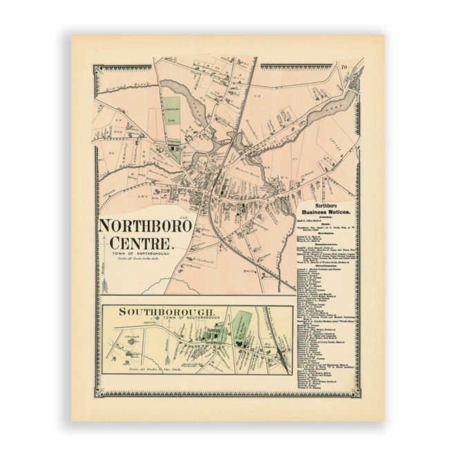 Northboro Center and Southborough, Massachusetts Antique Map Reproduction