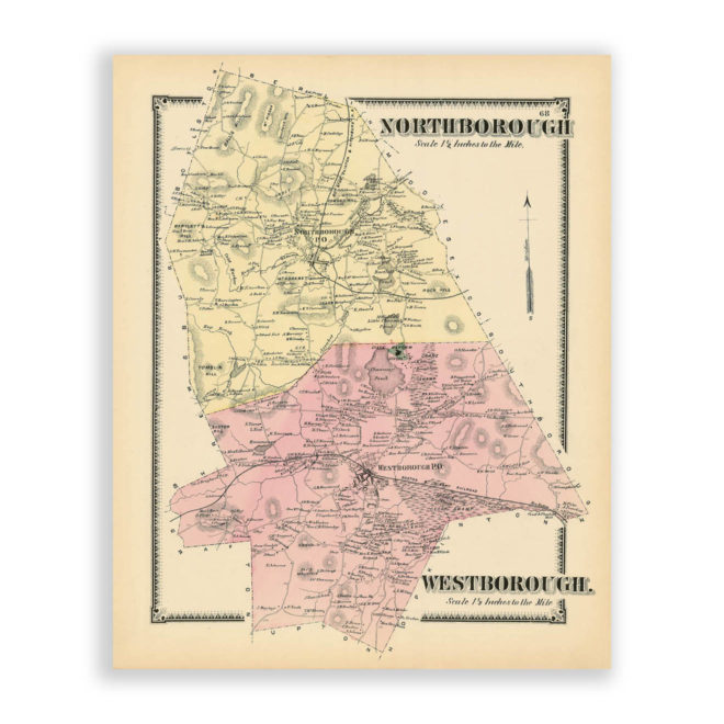 Northborough & Westborough, Massachusetts Antique Map Reproduction