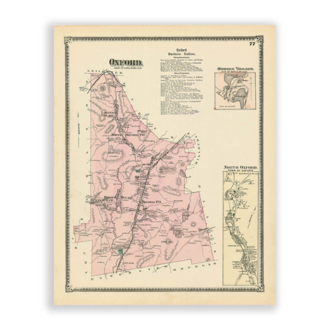 Oxford, Massachusetts Antique Map Reproduction