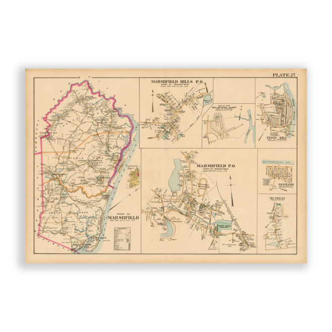 Marshfield Town and Villages, Massachustts Antique Map Reproduction