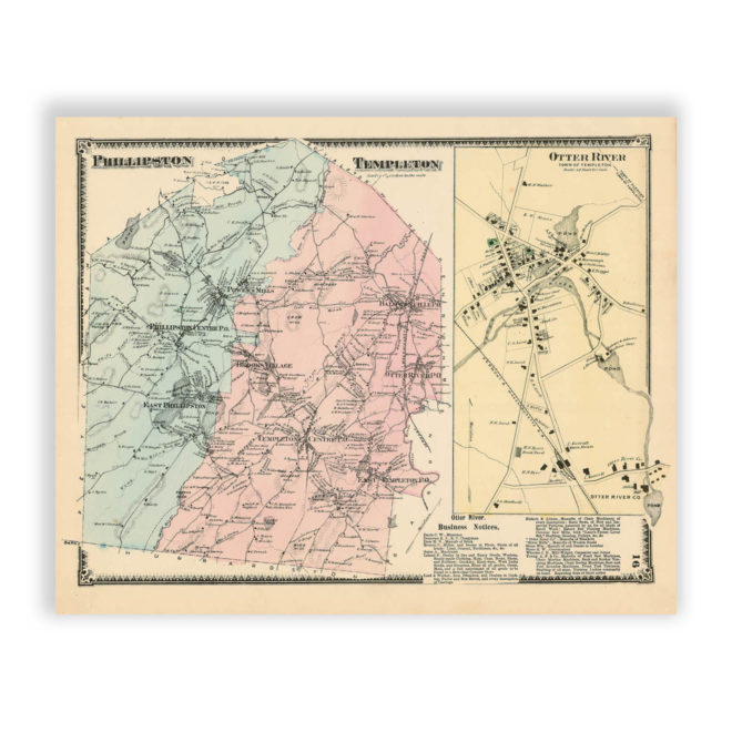 Phillipston & Templeton, Massachusetts Antique Map Reproduction