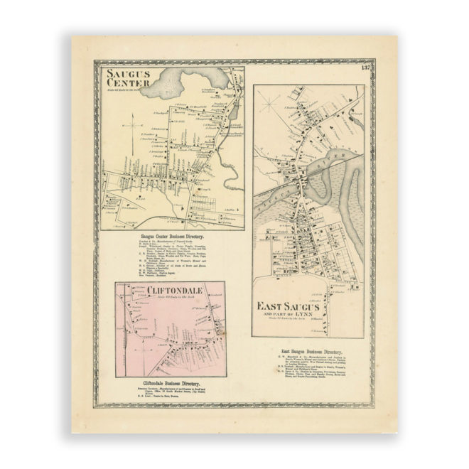 Saugus Village, Massachusetts Antique Map Reproduction