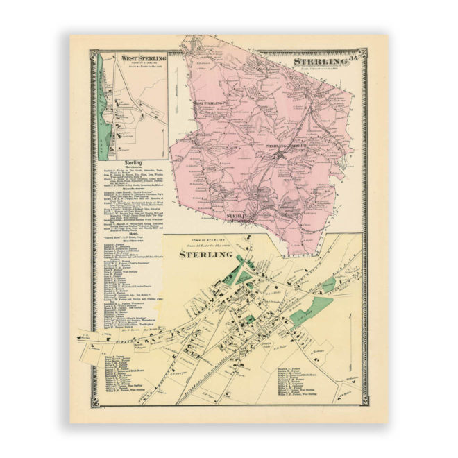 Sterling, Massachusetts Antique Map Reproduction